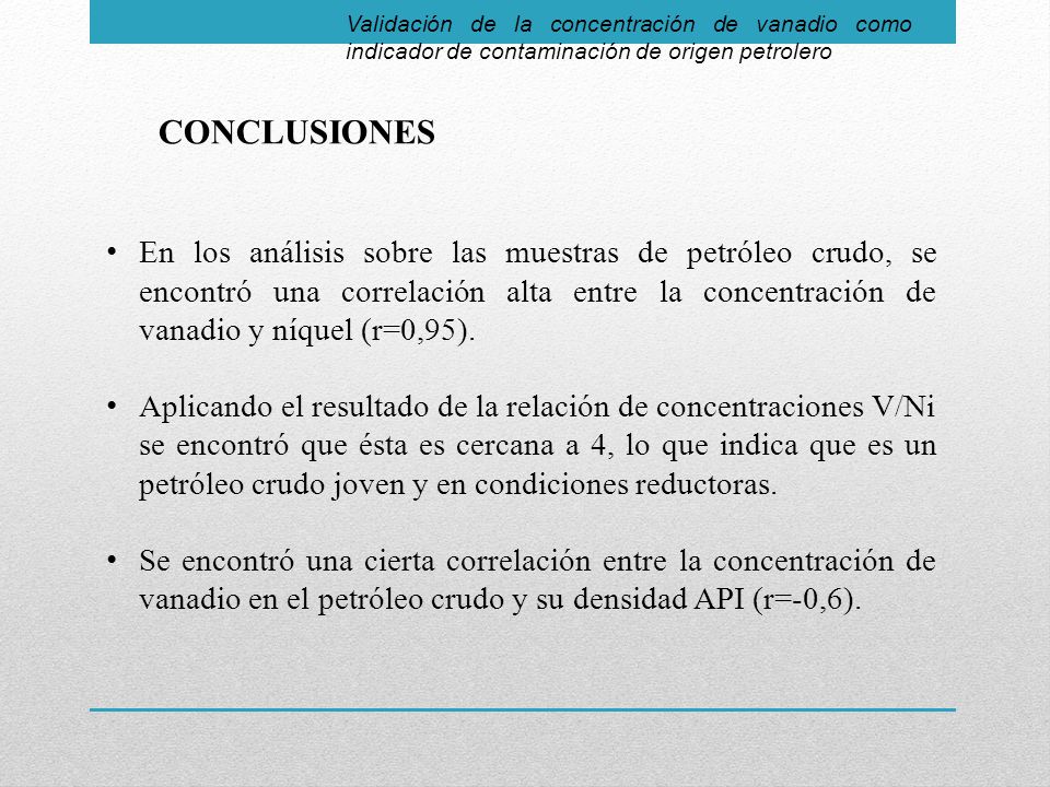 Validación de la concentración de vanadio como indicador de contaminación de origen petrolero