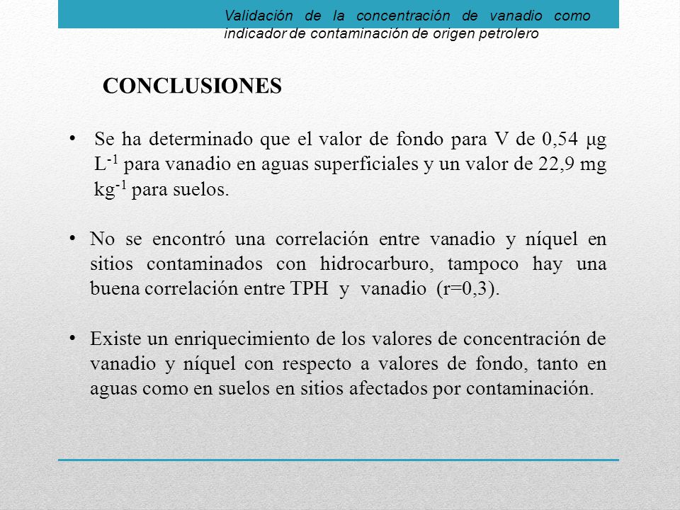 Validación de la concentración de vanadio como indicador de contaminación de origen petrolero