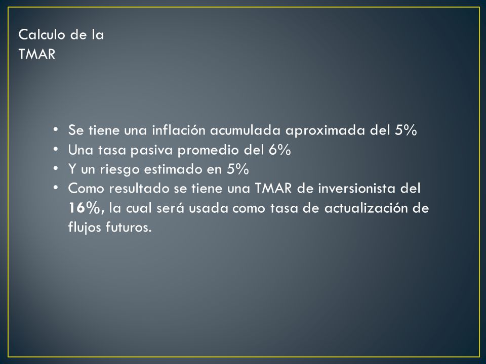 Calculo de la TMAR Se tiene una inflación acumulada aproximada del 5% Una tasa pasiva promedio del 6%
