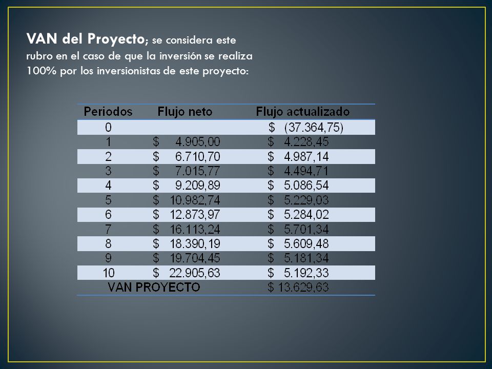 VAN del Proyecto; se considera este rubro en el caso de que la inversión se realiza 100% por los inversionistas de este proyecto: