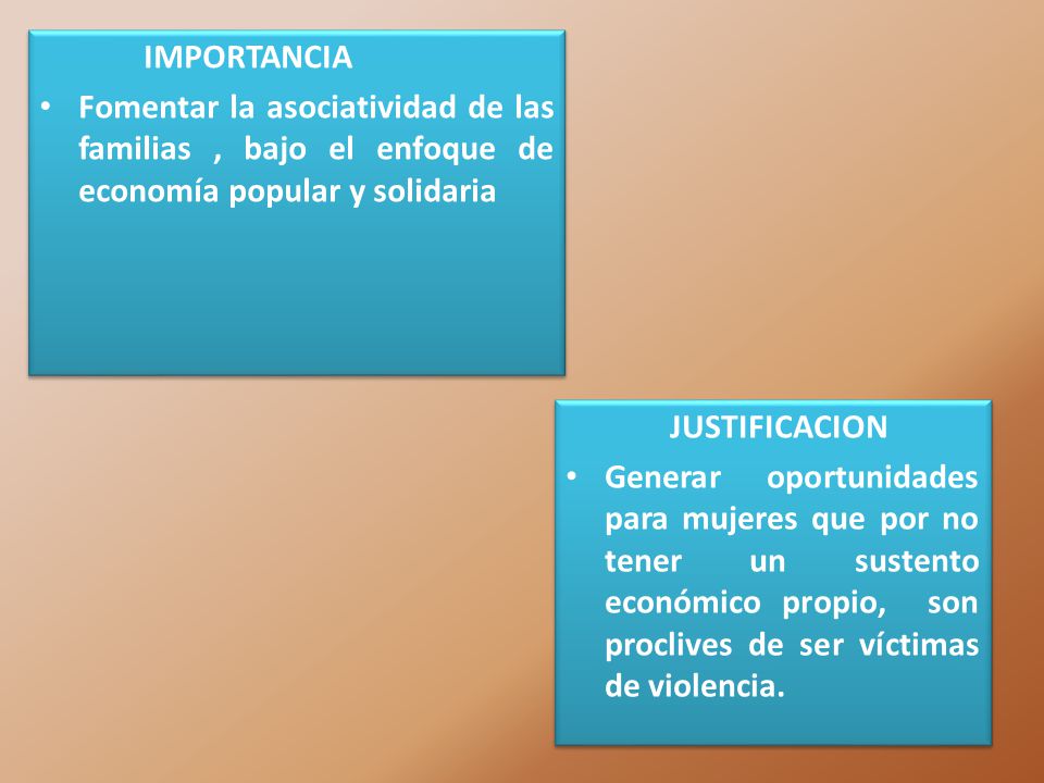 IMPORTANCIA Fomentar la asociatividad de las familias , bajo el enfoque de economía popular y solidaria.
