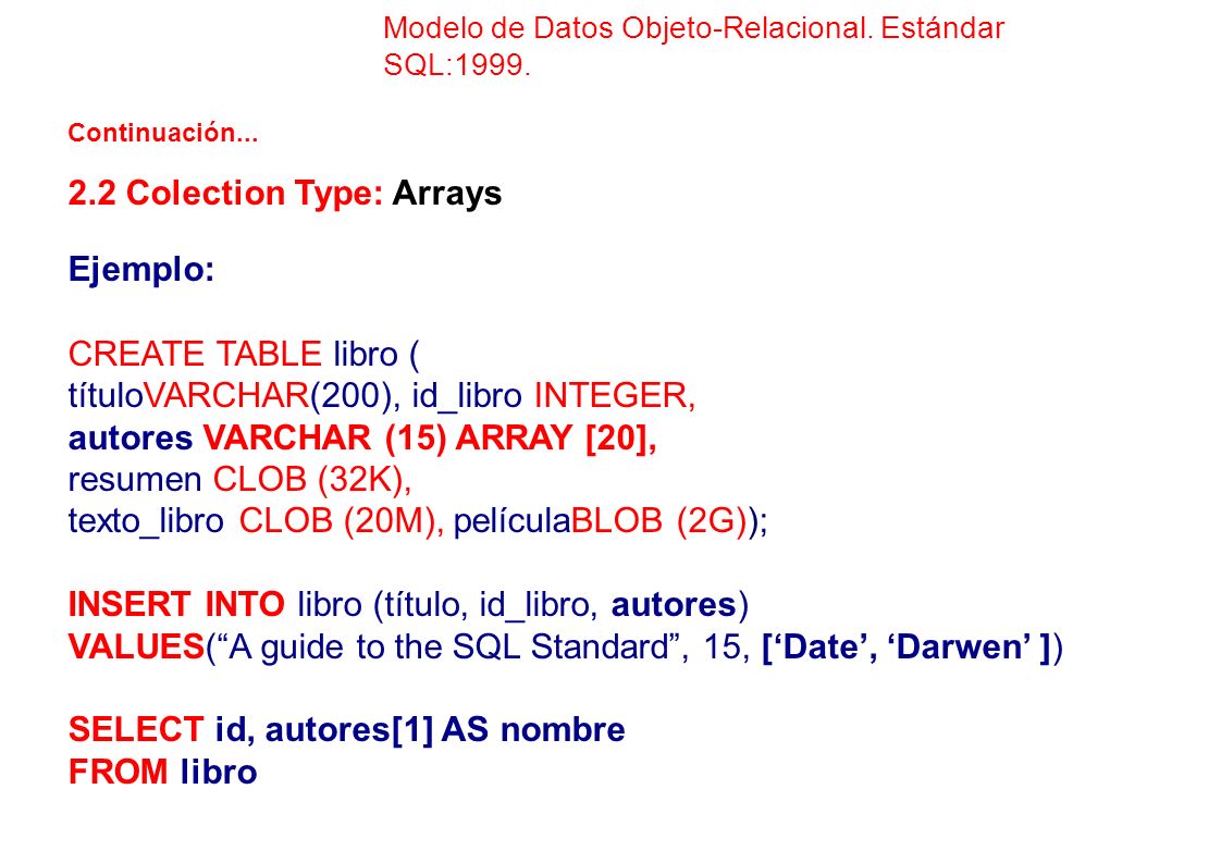 2.2 Colection Type: Arrays Ejemplo: CREATE TABLE libro (