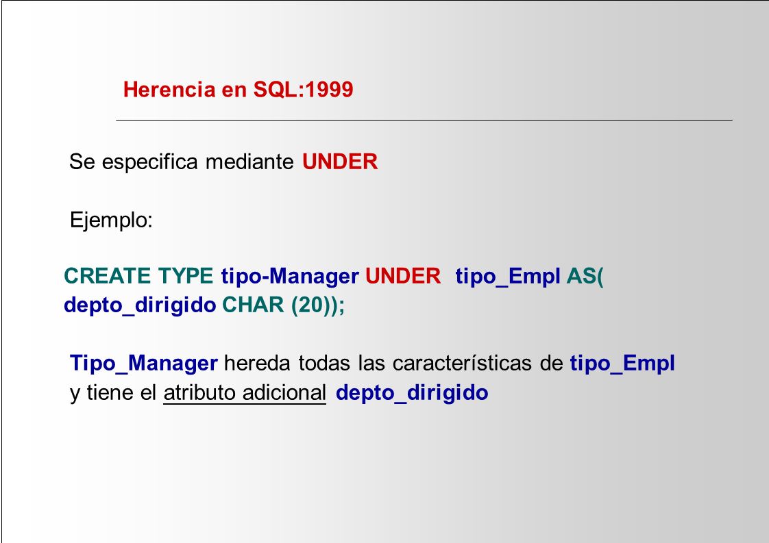 CREATE TYPE tipo-Manager UNDER tipo_Empl AS(