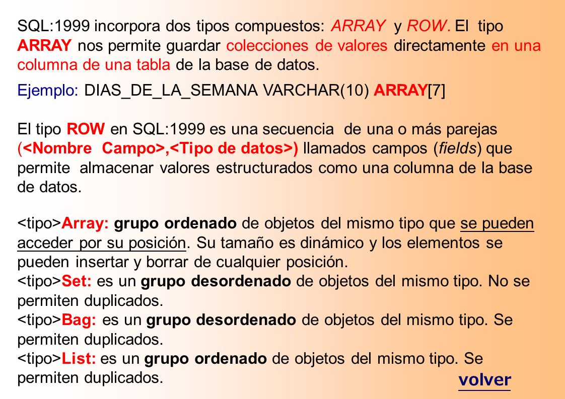 SQL:1999 incorpora dos tipos compuestos: ARRAY y ROW