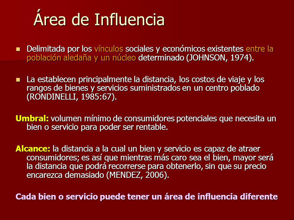 Área de Influencia Delimitada por los vínculos sociales y económicos existentes entre la población aledaña y un núcleo determinado (JOHNSON, 1974).