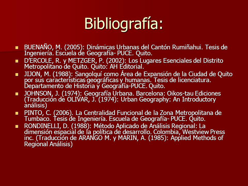 Bibliografía: BUENAÑO, M. (2005): Dinámicas Urbanas del Cantón Rumiñahui. Tesis de Ingeniería. Escuela de Geografía- PUCE. Quito.