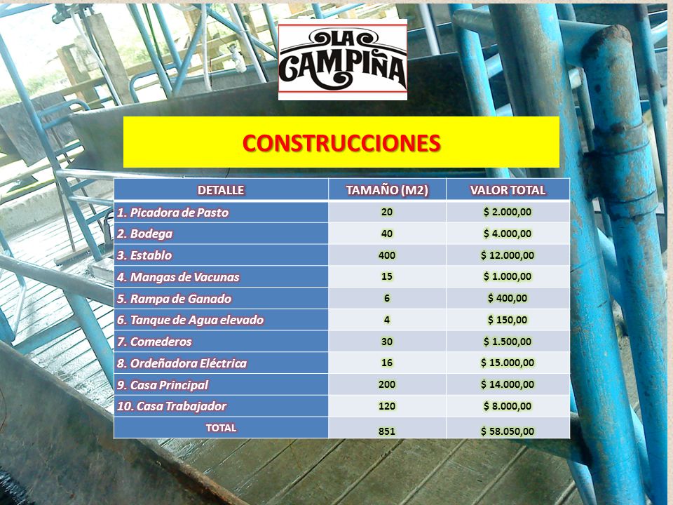 CONSTRUCCIONES DETALLE TAMAÑO (M2) VALOR TOTAL 1. Picadora de Pasto