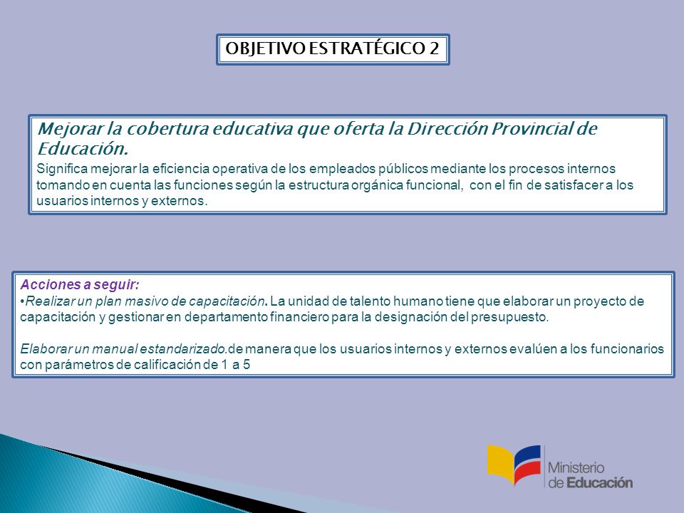 OBJETIVO ESTRATÉGICO 2 Mejorar la cobertura educativa que oferta la Dirección Provincial de Educación.