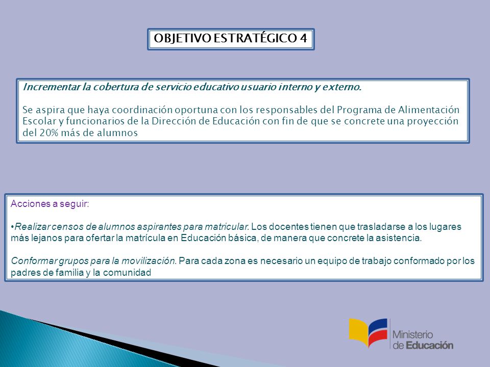 OBJETIVO ESTRATÉGICO 4 Incrementar la cobertura de servicio educativo usuario interno y externo.