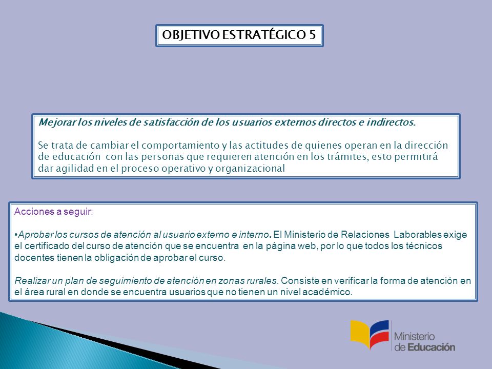 OBJETIVO ESTRATÉGICO 5 Mejorar los niveles de satisfacción de los usuarios externos directos e indirectos.