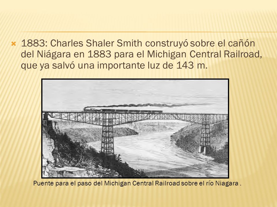 1883: Charles Shaler Smith construyó sobre el cañón del Niágara en 1883 para el Michigan Central Railroad, que ya salvó una importante luz de 143 m.