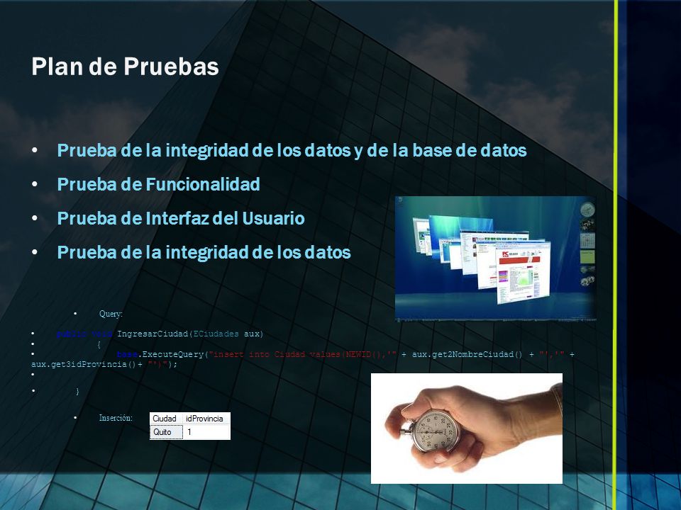 Plan de Pruebas Prueba de la integridad de los datos y de la base de datos. Prueba de Funcionalidad.