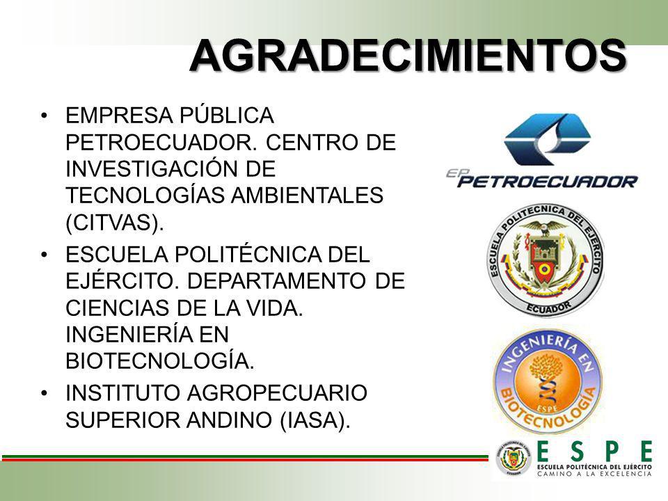 AGRADECIMIENTOS EMPRESA PÚBLICA PETROECUADOR. CENTRO DE INVESTIGACIÓN DE TECNOLOGÍAS AMBIENTALES (CITVAS).