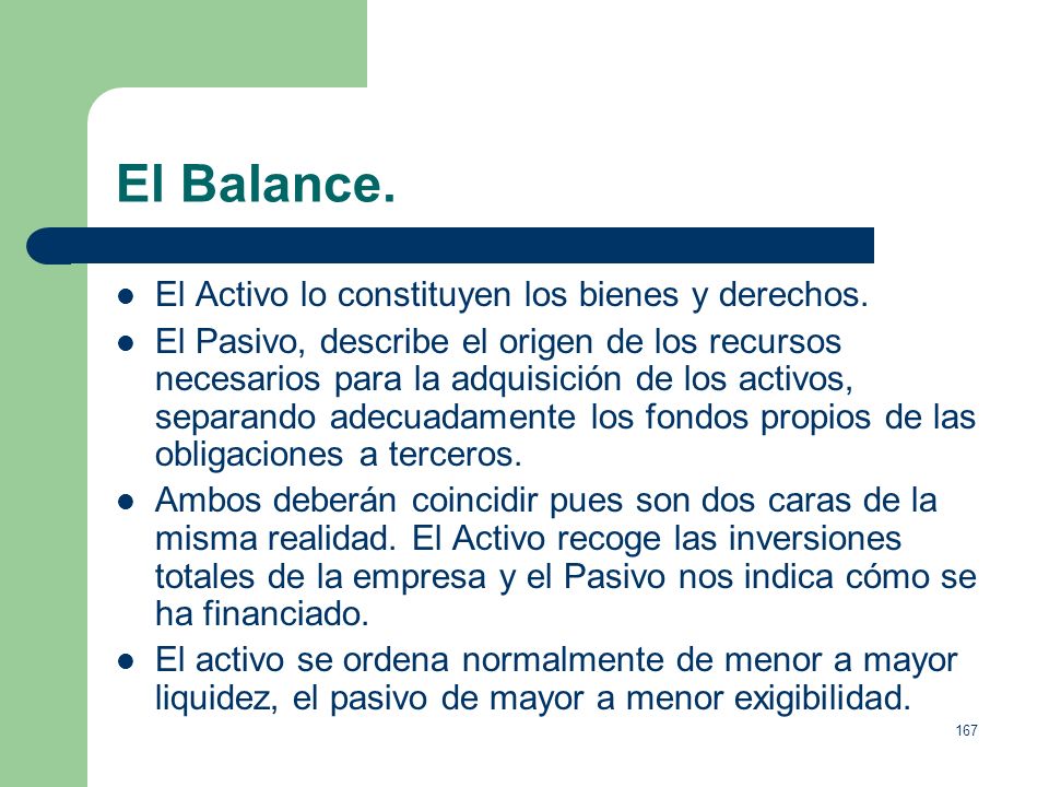 El Balance. El Activo lo constituyen los bienes y derechos.