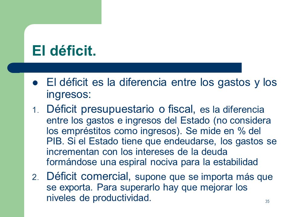 El déficit. El déficit es la diferencia entre los gastos y los ingresos:
