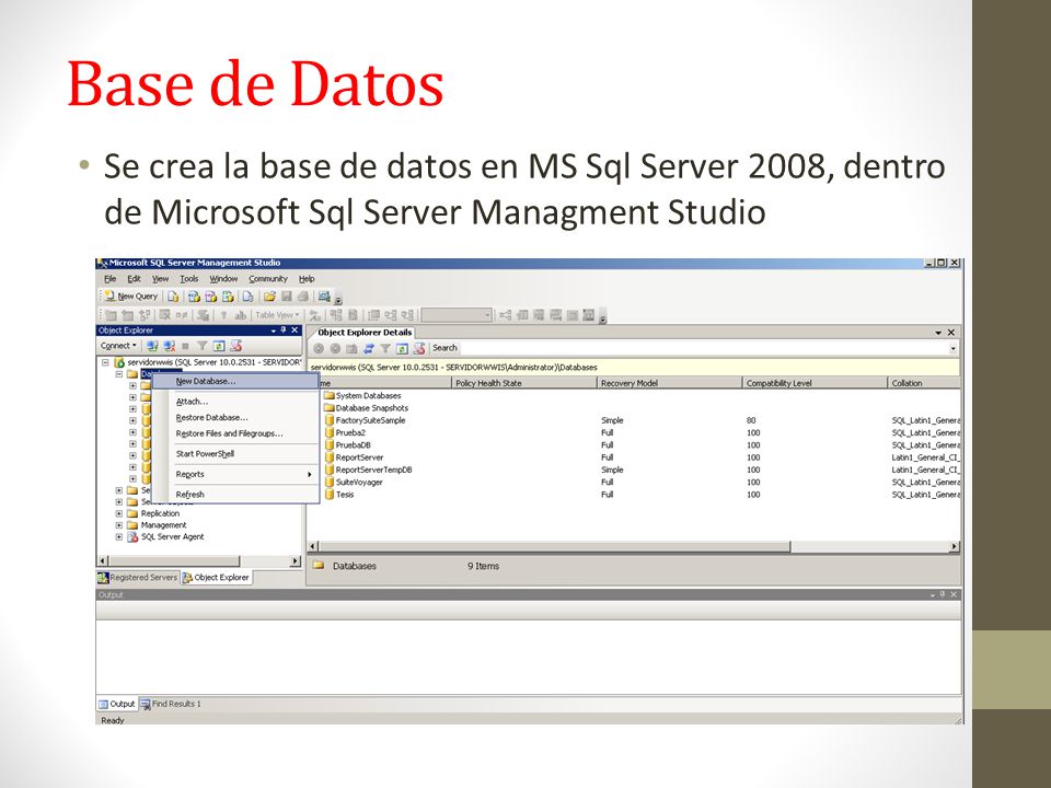 Base de Datos Se crea la base de datos en MS Sql Server 2008, dentro de Microsoft Sql Server Managment Studio.