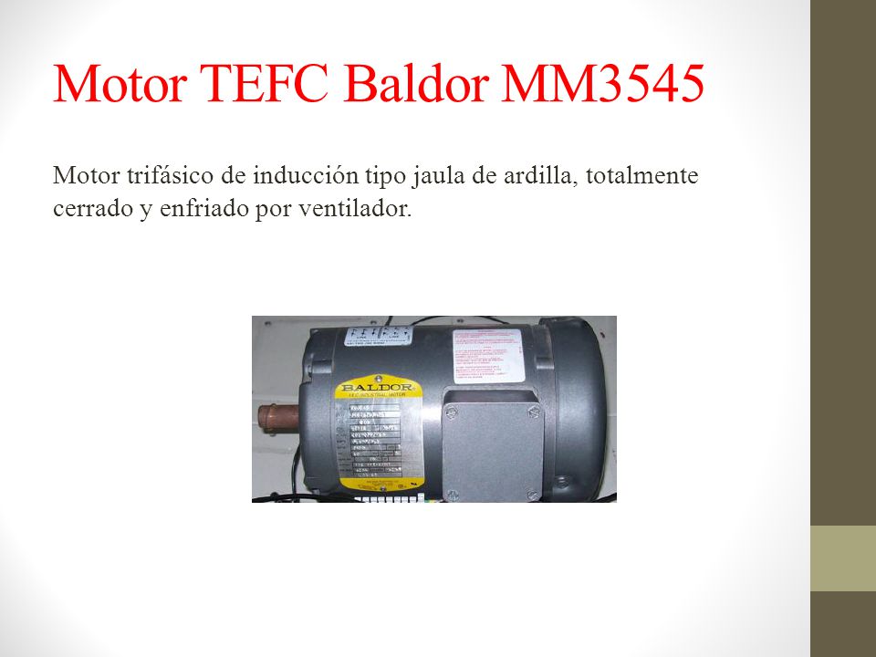 Motor TEFC Baldor MM3545 Motor trifásico de inducción tipo jaula de ardilla, totalmente cerrado y enfriado por ventilador.