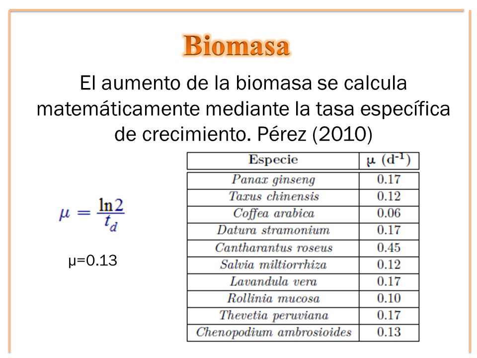 Biomasa El aumento de la biomasa se calcula matemáticamente mediante la tasa específica de crecimiento. Pérez (2010)