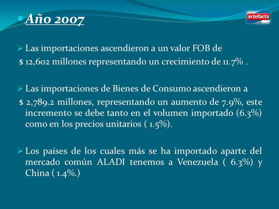 Año 2007 Las importaciones ascendieron a un valor FOB de