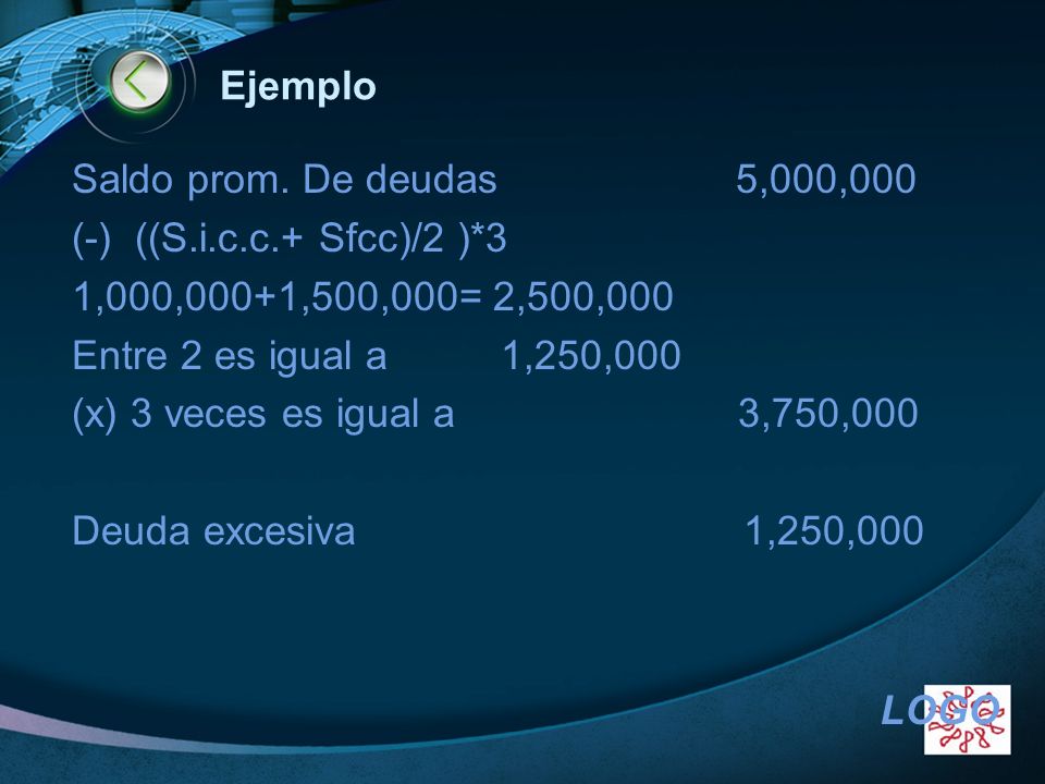 Ejemplo Saldo prom. De deudas 5,000,000. (-) ((S.i.c.c.+ Sfcc)/2 )*3. 1,000,000+1,500,000= 2,500,000.