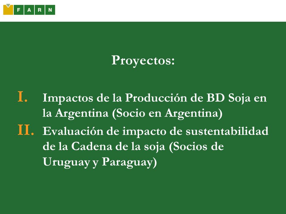 Proyectos: Impactos de la Producción de BD Soja en la Argentina (Socio en Argentina)