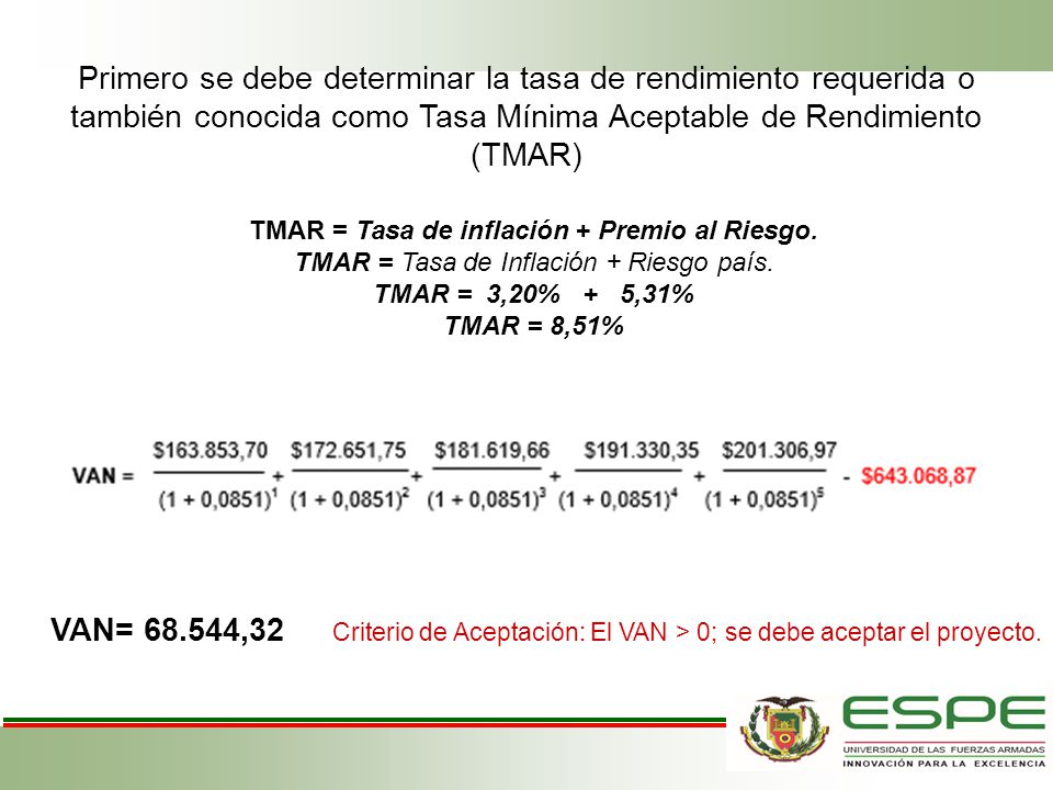 Primero se debe determinar la tasa de rendimiento requerida o también conocida como Tasa Mínima Aceptable de Rendimiento (TMAR)