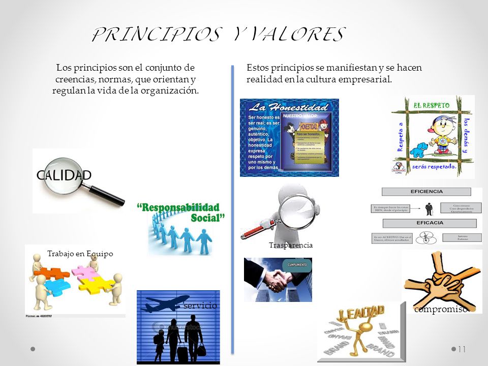 PRINCIPIOS Y VALORES Los principios son el conjunto de creencias, normas, que orientan y regulan la vida de la organización.