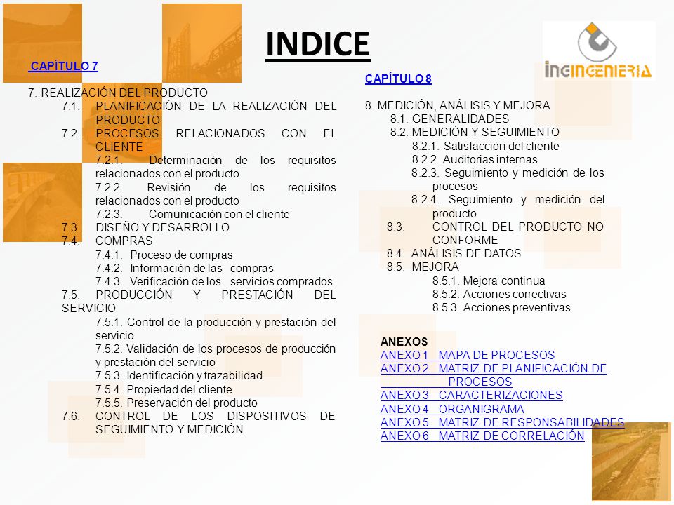INDICE CAPÍTULO 7 7. REALIZACIÓN DEL PRODUCTO