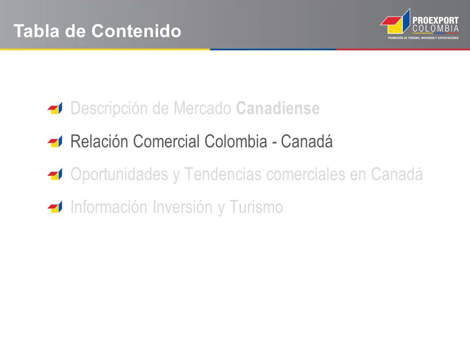 Tabla de Contenido Descripción de Mercado Canadiense. Relación Comercial Colombia - Canadá. Oportunidades y Tendencias comerciales en Canadá.