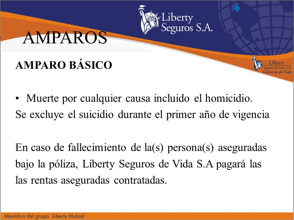 AMPAROS AMPARO BÁSICO. Muerte por cualquier causa incluido el homicidio. Se excluye el suicidio durante el primer año de vigencia.