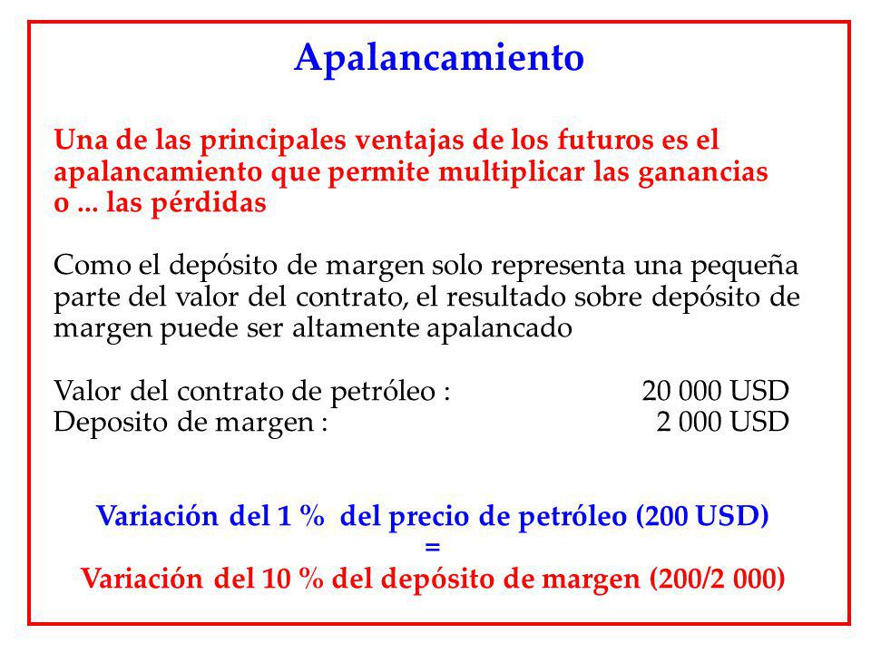 Apalancamiento Una de las principales ventajas de los futuros es el apalancamiento que permite multiplicar las ganancias.