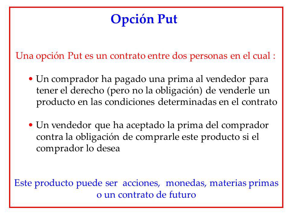 Opción Put Una opción Put es un contrato entre dos personas en el cual :