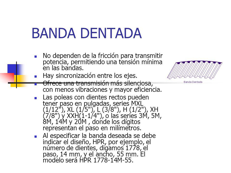 BANDA DENTADA No dependen de la fricción para transmitir potencia, permitiendo una tensión mínima en las bandas.