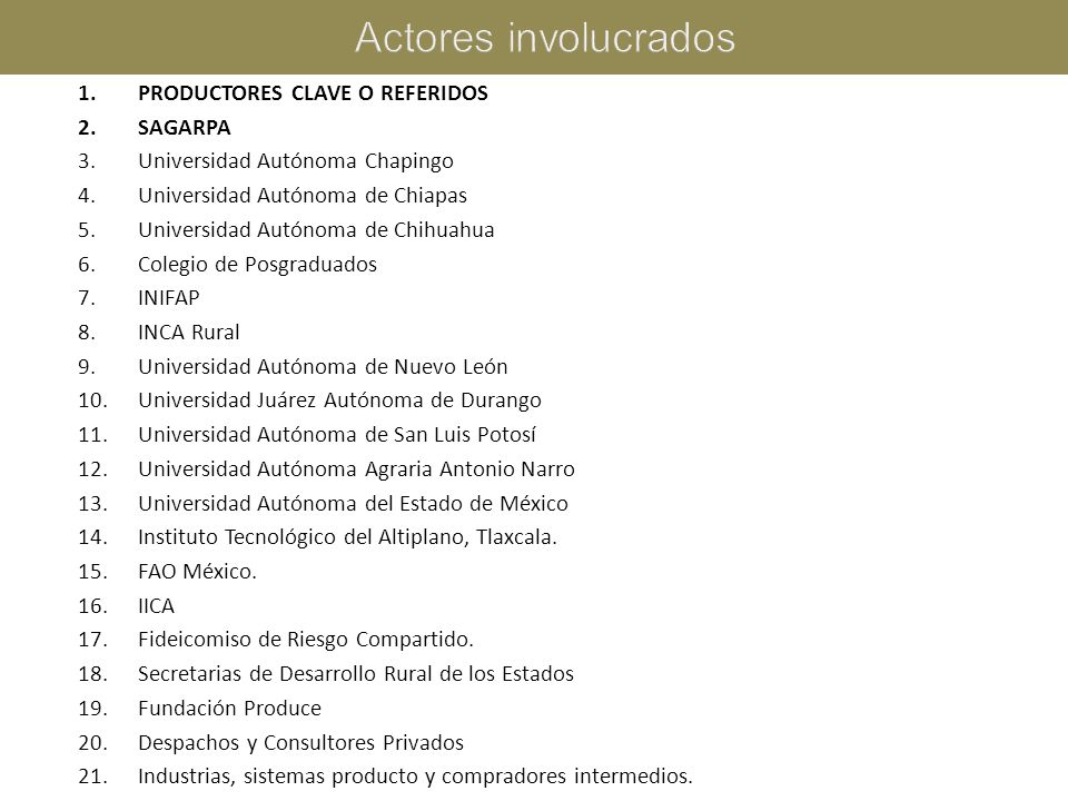 Actores involucrados PRODUCTORES CLAVE O REFERIDOS SAGARPA