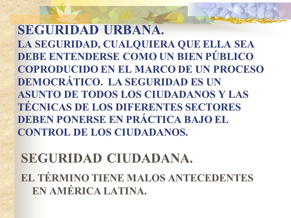 SEGURIDAD URBANA. LA SEGURIDAD, CUALQUIERA QUE ELLA SEA DEBE ENTENDERSE COMO UN BIEN PÚBLICO COPRODUCIDO EN EL MARCO DE UN PROCESO DEMOCRÁTICO. LA SEGURIDAD ES UN ASUNTO DE TODOS LOS CIUDADANOS Y LAS TÉCNICAS DE LOS DIFERENTES SECTORES DEBEN PONERSE EN PRÁCTICA BAJO EL CONTROL DE LOS CIUDADANOS.