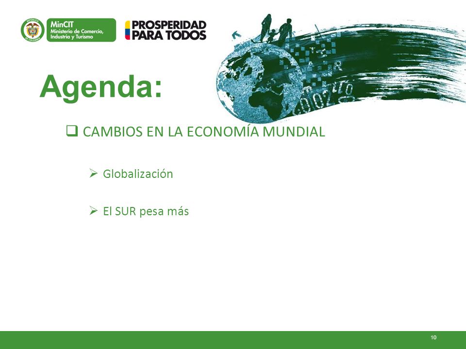 Agenda: CAMBIOS EN LA ECONOMÍA MUNDIAL Globalización El SUR pesa más