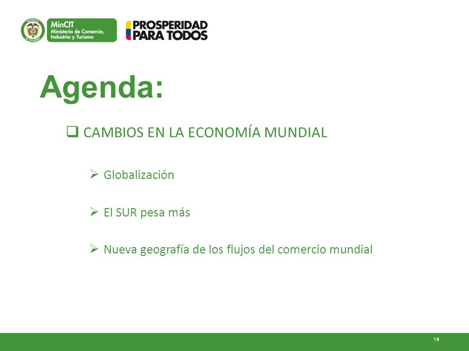 Agenda: CAMBIOS EN LA ECONOMÍA MUNDIAL Globalización El SUR pesa más