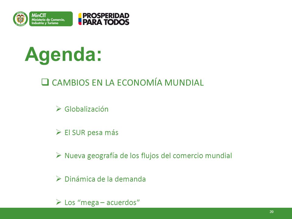 Agenda: CAMBIOS EN LA ECONOMÍA MUNDIAL Globalización El SUR pesa más