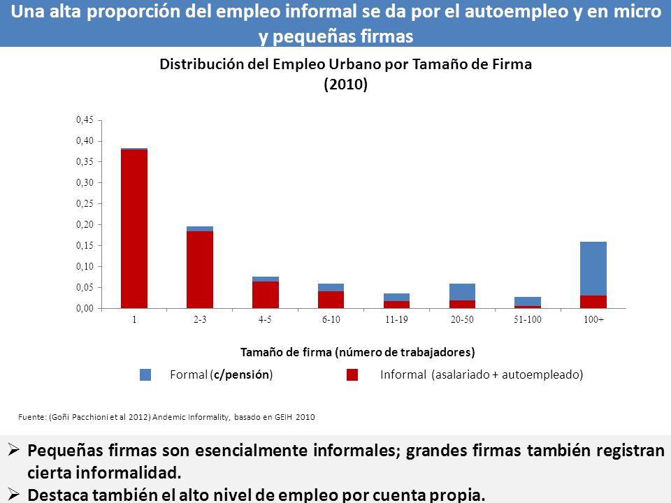 Una alta proporción del empleo informal se da por el autoempleo y en micro y pequeñas firmas
