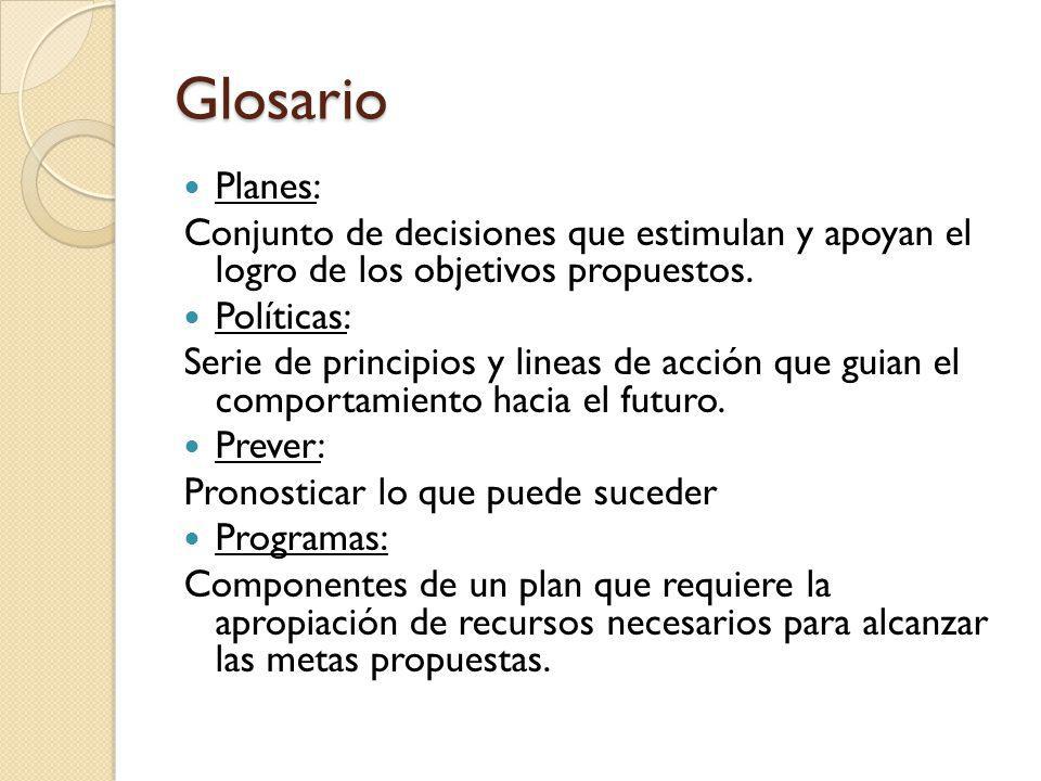Glosario Planes: Conjunto de decisiones que estimulan y apoyan el logro de los objetivos propuestos.