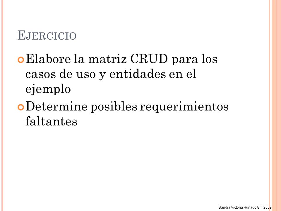 Ejercicio Elabore la matriz CRUD para los casos de uso y entidades en el ejemplo.