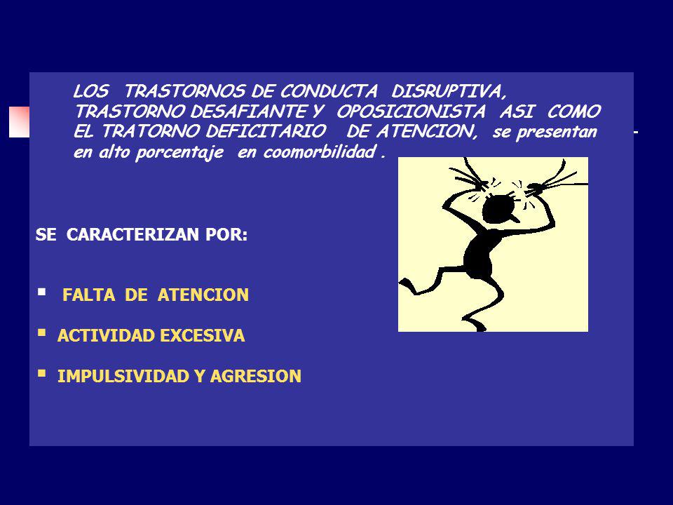 SE CARACTERIZAN POR: FALTA DE ATENCION. ACTIVIDAD EXCESIVA. IMPULSIVIDAD Y AGRESION. LOS TRASTORNOS DE CONDUCTA DISRUPTIVA,