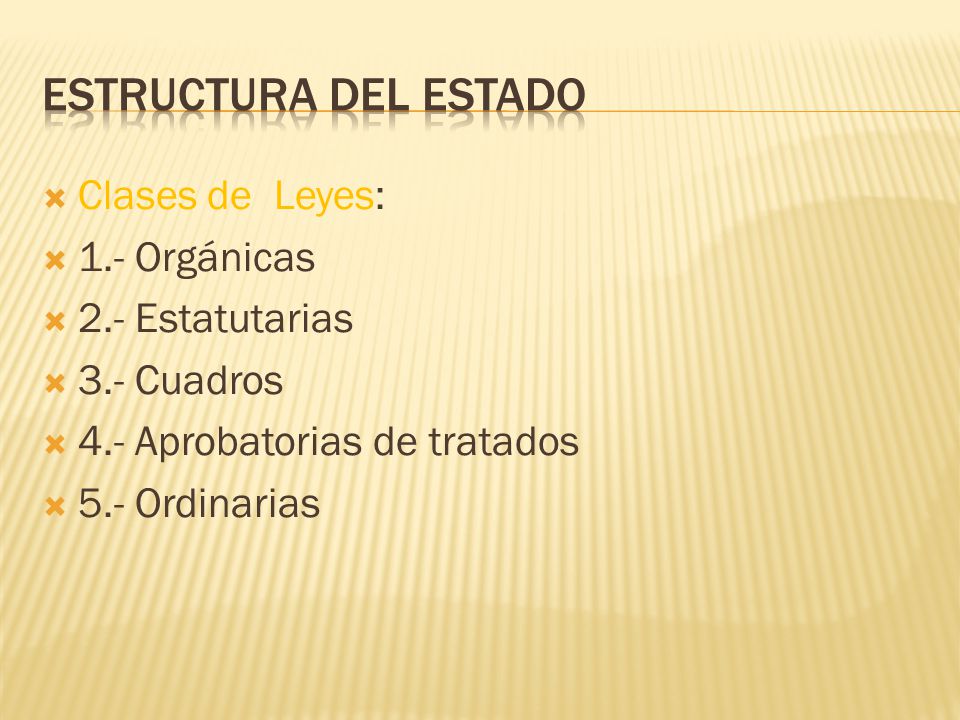 Estructura del Estado Clases de Leyes: 1.- Orgánicas 2.- Estatutarias