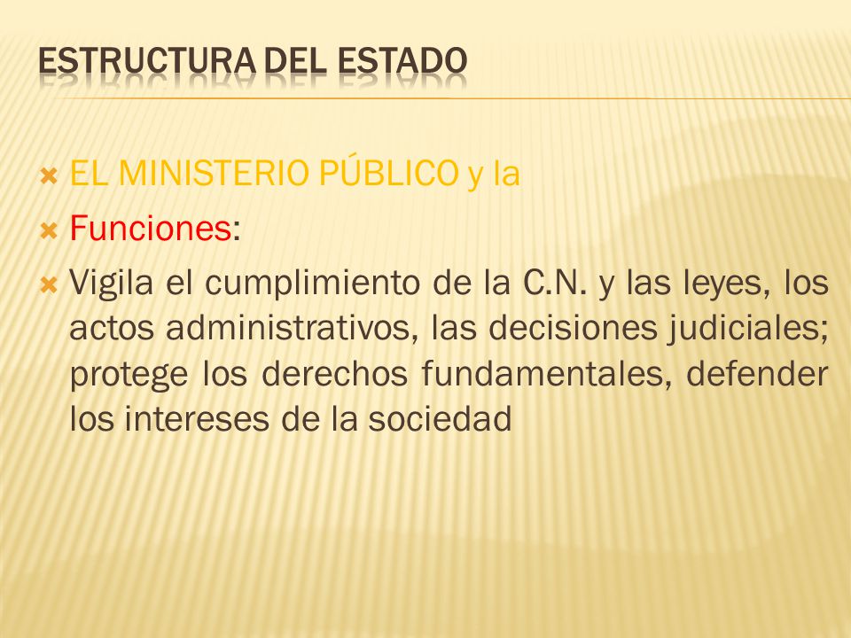 Estructura del Estado EL MINISTERIO PÚBLICO y la. Funciones: