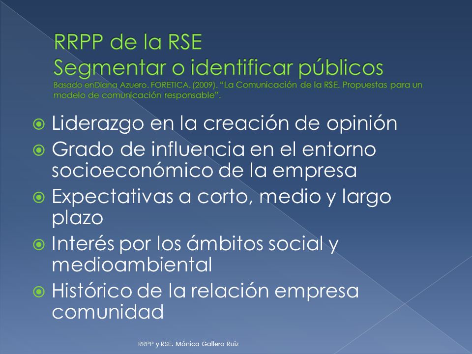 RRPP de la RSE Segmentar o identificar públicos Basado enDiana Azuero