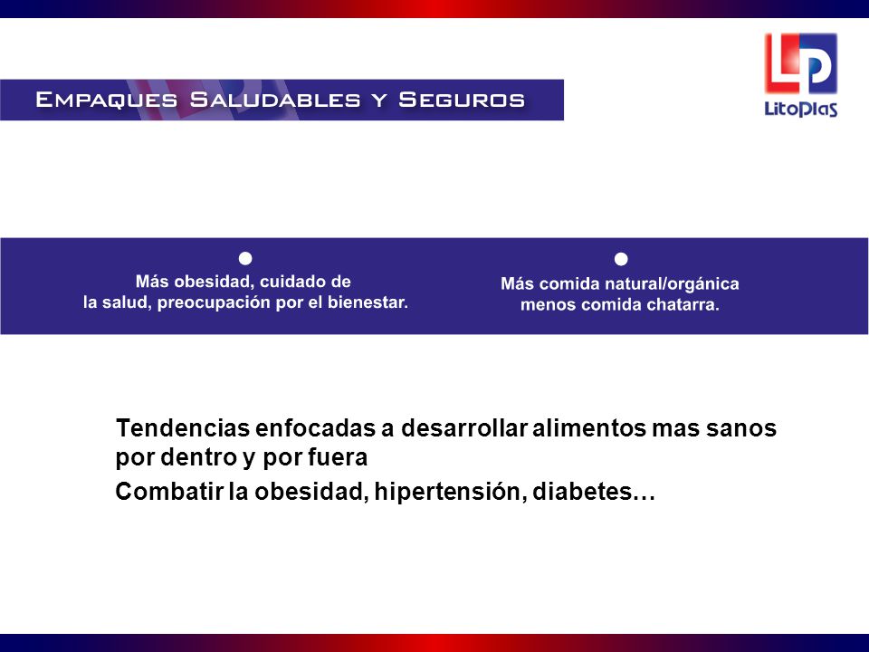 Tendencias enfocadas a desarrollar alimentos mas sanos por dentro y por fuera Combatir la obesidad, hipertensión, diabetes…