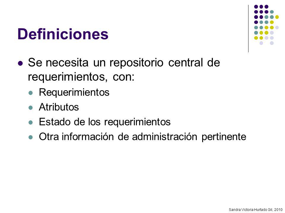 Definiciones Se necesita un repositorio central de requerimientos, con: Requerimientos. Atributos.