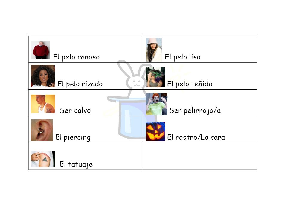 El pelo canoso El pelo liso. El pelo rizado. El pelo teñido. Ser calvo. Ser pelirrojo/a. El piercing.