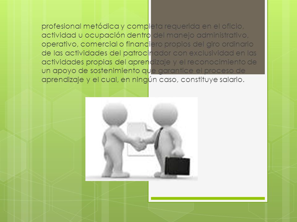 profesional metódica y completa requerida en el oficio, actividad u ocupación dentro del manejo administrativo, operativo, comercial o financiero propios del giro ordinario de las actividades del patrocinador con exclusividad en las actividades propias del aprendizaje y el reconocimiento de un apoyo de sostenimiento que garantice el proceso de aprendizaje y el cual, en ningún caso, constituye salario.
