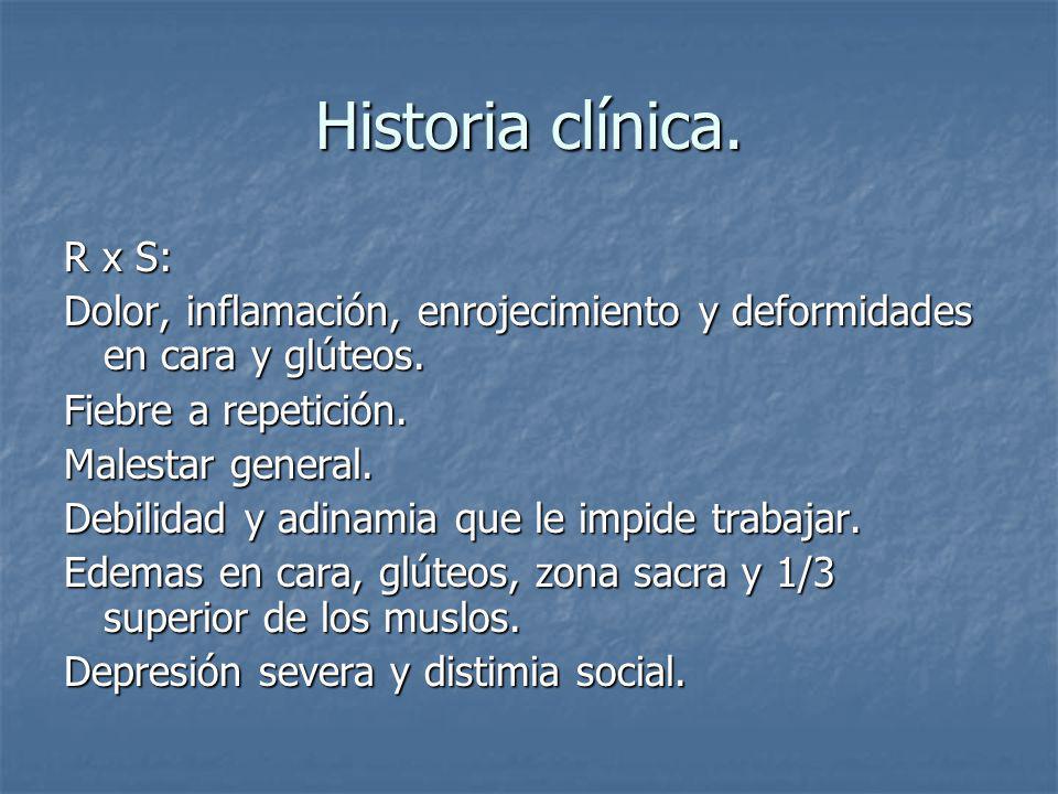 Historia clínica. R x S: Dolor, inflamación, enrojecimiento y deformidades en cara y glúteos. Fiebre a repetición.